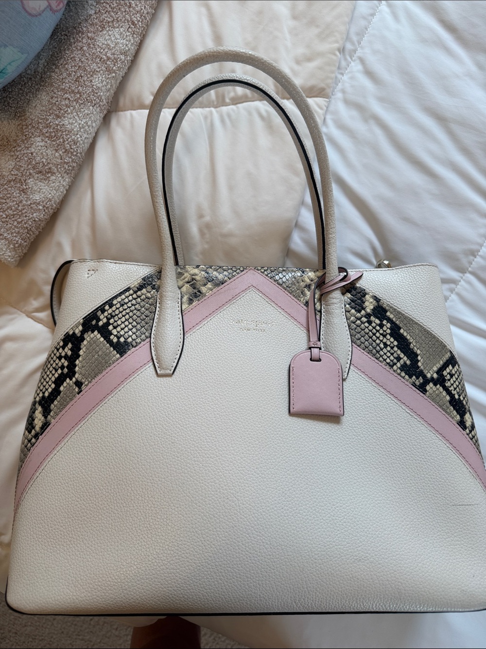 White and Pink Women’s Tote Handbag with Snake-Print Accent